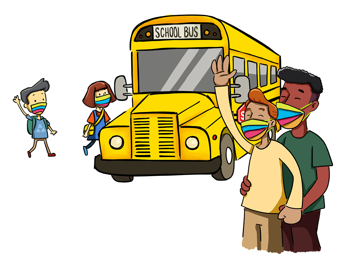 ilustración de padres saludando a niños en un autobús escolar